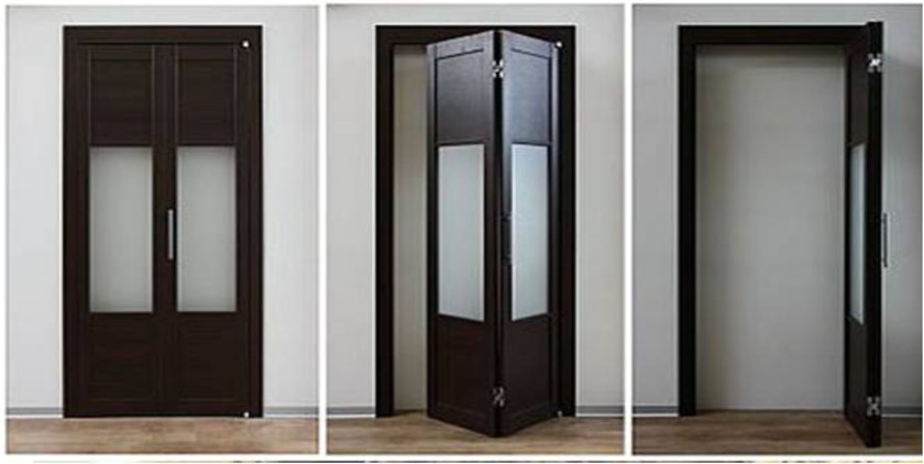 Шпонированные двери гармошка с матовыми стеклянными вставками Ангарск